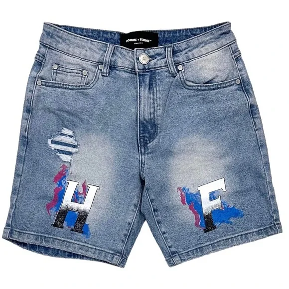 Homme Femme Shorts Homme Femme Mens Hand Paint Logo Distressed Denim Jean Shorts With Rips Poshmark